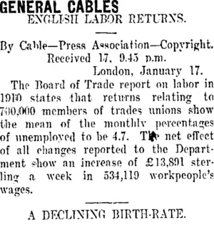 GENERAL CABLES. (Taranaki Daily News 18-1-1911)