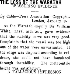 THE LOSS OF THE WARATAH (Taranaki Daily News 11-1-1911)