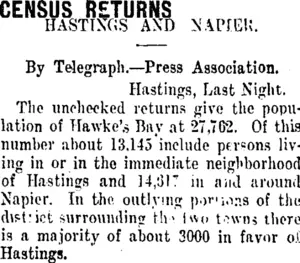 CENSUS RETURNS (Taranaki Daily News 4-5-1911)