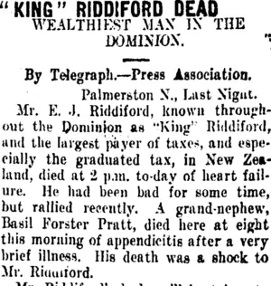 "KING" RIDDIFORD DEAD (Taranaki Daily News 3-5-1911)