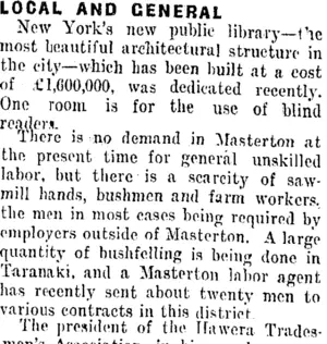 LOCAL AND GENERAL. (Taranaki Daily News 14-7-1911)