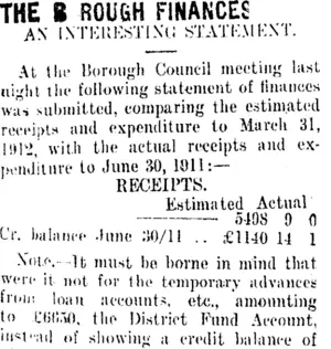 THE BOROUGH FINANCES. (Taranaki Daily News 11-7-1911)