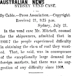 AUSTRALIAN NEWS (Taranaki Daily News 22-7-1911)