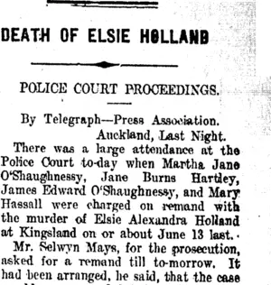 DEATH OF ELSIE HOLLAND. (Taranaki Daily News 3-8-1911)