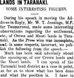 LANDS IN TARANAKI. (Taranaki Daily News 10-8-1911)