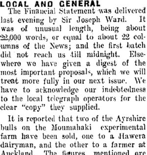 LOCAL AND GENERAL. (Taranaki Daily News 9-9-1911)