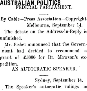 AUSTRALIAN POLITICS (Taranaki Daily News 15-9-1911)