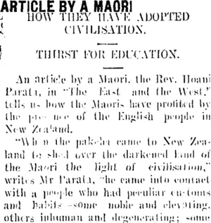 ARTICLE BY A MAORI (Taranaki Daily News 19-9-1911)