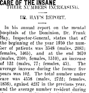 CARE OF THE INSANE. (Taranaki Daily News 26-9-1911)