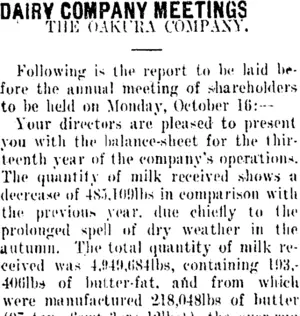 DAIRY COMPANY MEETINGS (Taranaki Daily News 26-9-1911)