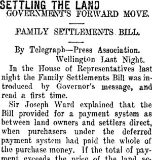 SETTLING THE LAND. (Taranaki Daily News 27-10-1911)