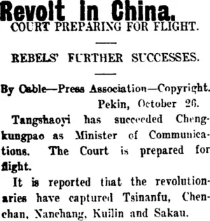 Revolt in China. (Taranaki Daily News 28-10-1911)