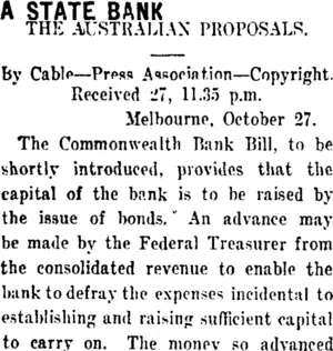 A STATE BANK. (Taranaki Daily News 28-10-1911)
