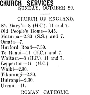 CHURCH SERVICES (Taranaki Daily News 28-10-1911)