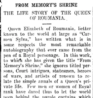 FROM MEMORY'S SHRINE. (Taranaki Daily News 28-10-1911)