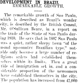 DEVELOPMENT IN BRAZIL. (Taranaki Daily News 28-10-1911)