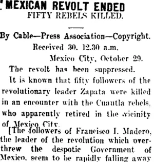'MEXICAN REVOLT ENDED. (Taranaki Daily News 30-10-1911)