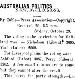AUSTRALIAN POLITICS (Taranaki Daily News 30-10-1911)