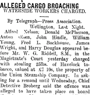ALLEGED CARGO BROACHING (Taranaki Daily News 30-10-1911)