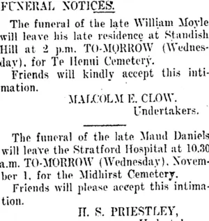 FUNERAL NOTICES. (Taranaki Daily News 31-10-1911)