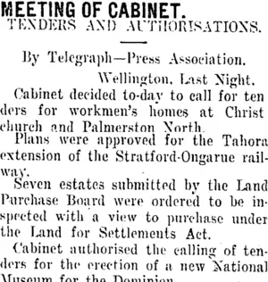MEETING OF CABINET. (Taranaki Daily News 31-10-1911)