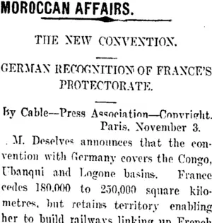 MOROCCAN AFFAIRS. (Taranaki Daily News 6-11-1911)