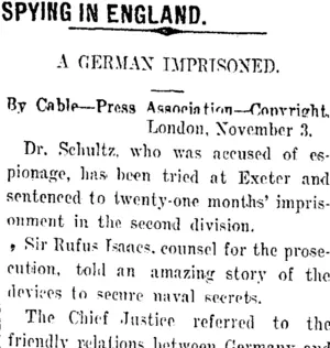 SPYING IN ENGLAND. (Taranaki Daily News 6-11-1911)