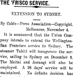 THE 'FRISCO SERVICE. (Taranaki Daily News 6-11-1911)