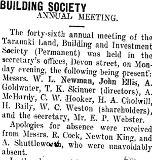 BUILDING SOCIETY. (Taranaki Daily News 1-11-1911)