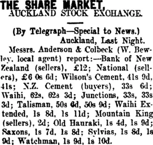 THE SHARE MARKET. (Taranaki Daily News 1-11-1911)