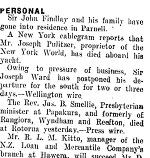 PERSONAL. (Taranaki Daily News 1-11-1911)