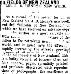 OILFIELDS OF NEW ZEALAND (Taranaki Daily News 14-11-1911)