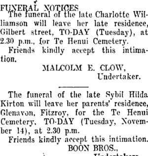 FUNERAL NOTICES. (Taranaki Daily News 14-11-1911)