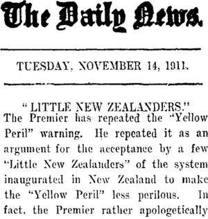 The Daily News. TUESDAY, NOVEMBER 14, 1911. "LITTLE NEW ZEALANDERS." (Taranaki Daily News 14-11-1911)