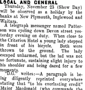 LOCAL AND GENERAL. (Taranaki Daily News 14-11-1911)