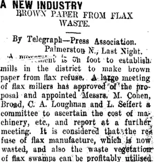 A NEW INDUSTRY. (Taranaki Daily News 14-11-1911)