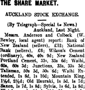 THE SHARE MARKET. (Taranaki Daily News 15-11-1911)