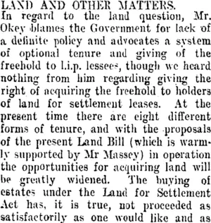 LAND AND OTHER MATTERS. (Taranaki Daily News 15-11-1911)