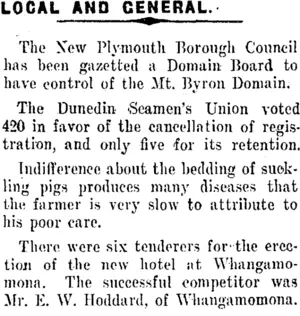 LOCAL AND GENERAL. (Taranaki Daily News 15-11-1911)