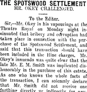 THE SPOTSWOOD SETTLEMENT (Taranaki Daily News 15-11-1911)