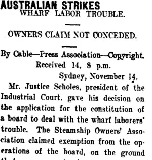 AUSTRALIAN STRIKES (Taranaki Daily News 15-11-1911)