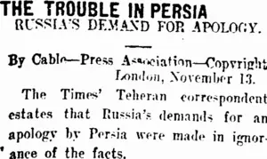 THE TROUBLE IN PERSIA. (Taranaki Daily News 15-11-1911)