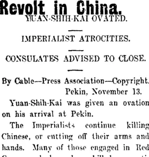 Revolt in China. (Taranaki Daily News 15-11-1911)