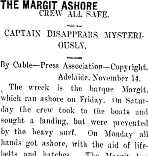 THE MARGIT ASHORE. (Taranaki Daily News 15-11-1911)