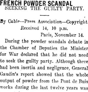 FRENCH POWDER SCANDAL (Taranaki Daily News 15-11-1911)