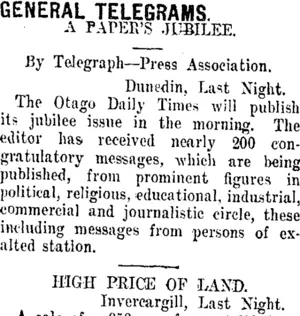 GENERAL TELEGRAMS. (Taranaki Daily News 15-11-1911)