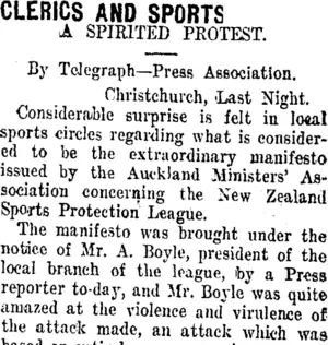 CLERICS AND SPORTS. (Taranaki Daily News 15-11-1911)