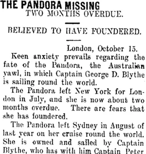 THE PANDORA MISSING. (Taranaki Daily News 15-11-1911)