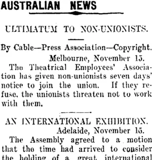 AUSTRALIAN NEWS (Taranaki Daily News 16-11-1911)