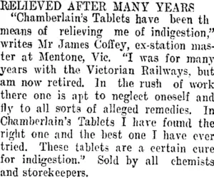 RELIEVED AFTER MANY YEARS. (Taranaki Daily News 17-11-1911)